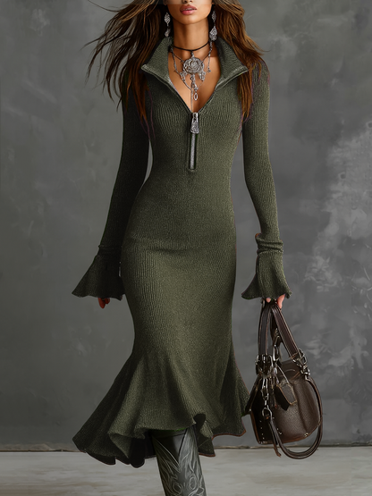 Vestido Midi Punto Retro Cuello Cremallera Mangas Trompeta