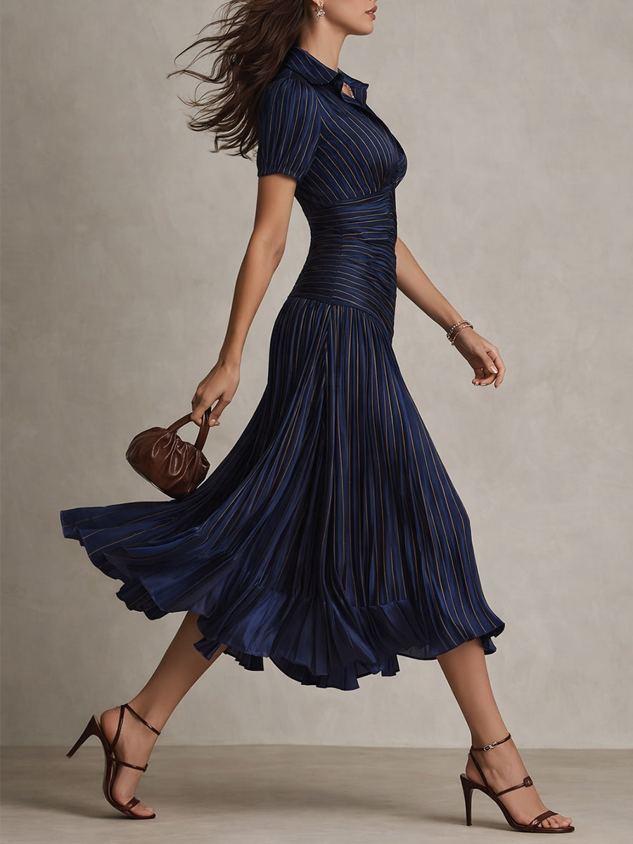Vestido Midi Raya Retro Satén Plisado