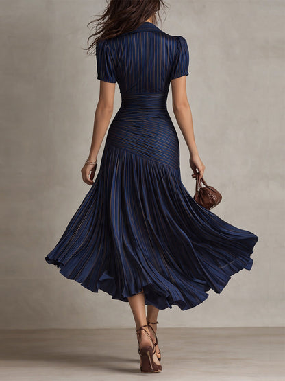 Vestido Midi Raya Retro Satén Plisado