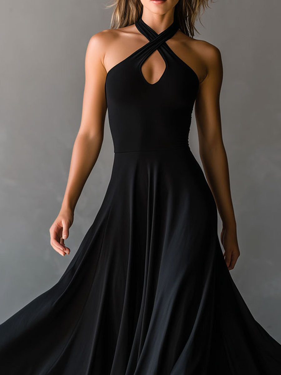 Vestido Midi Negro Halter Ojo de Cerradura Línea A