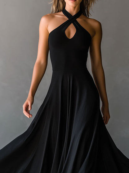 Vestido Midi Negro Halter Ojo de Cerradura Línea A