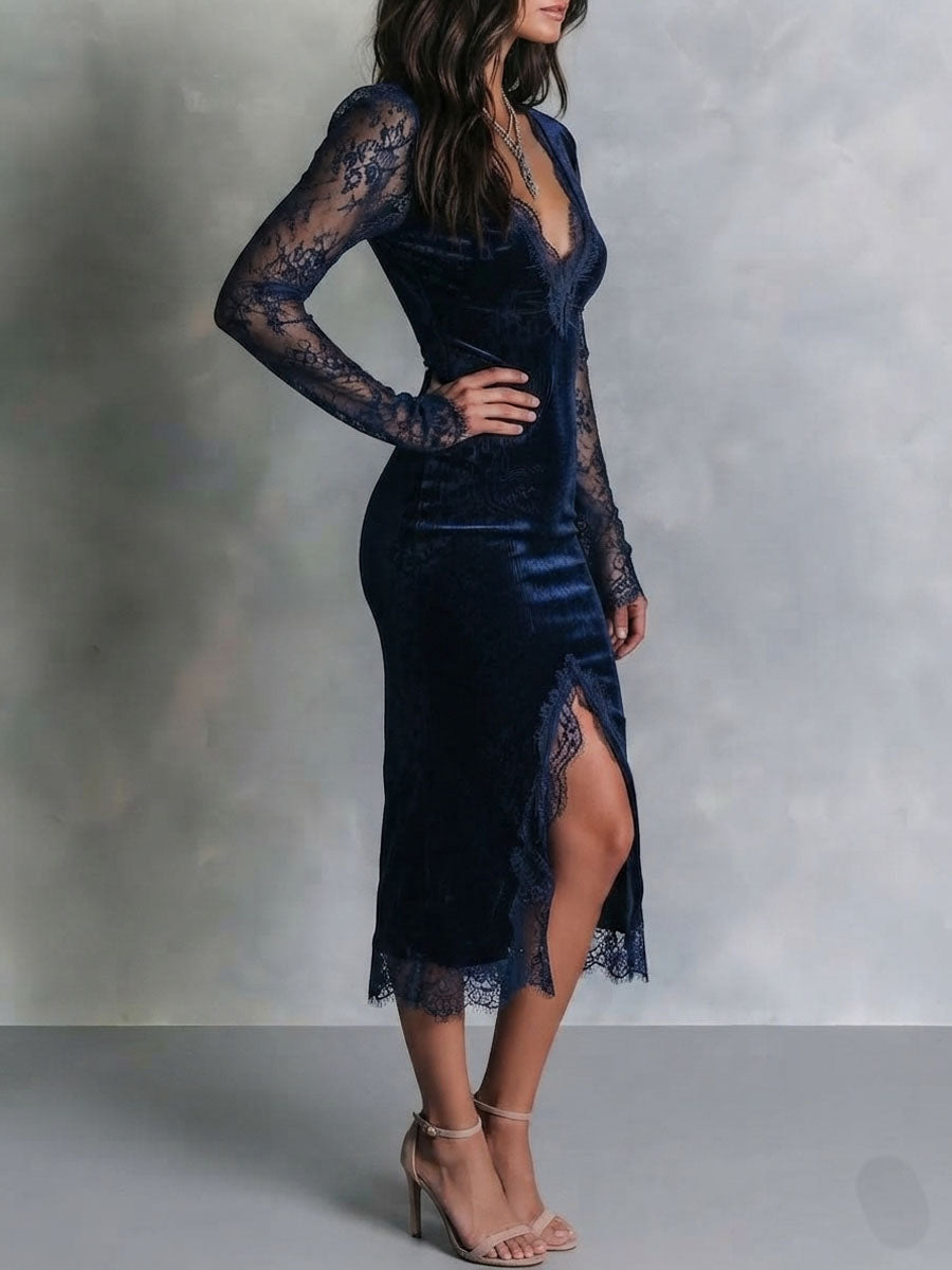 Vestido Midi Azul Marino Terciopelo Encaje Abertura