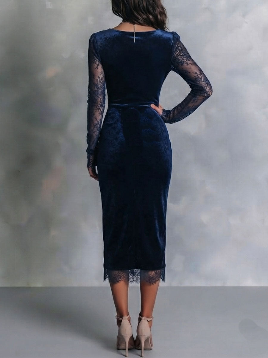Vestido Midi Azul Marino Terciopelo Encaje Abertura