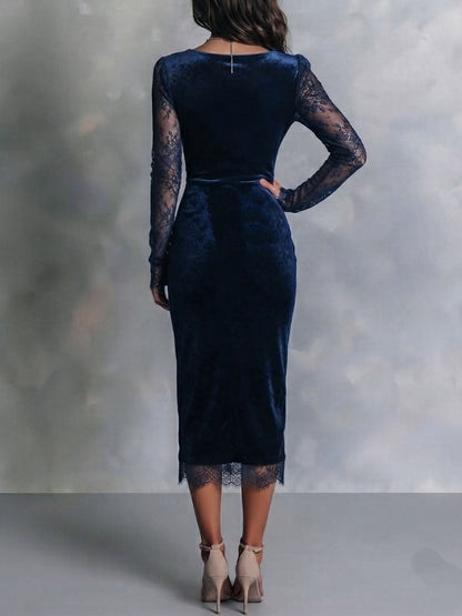 Vestido Midi Azul Marino Terciopelo Encaje Abertura