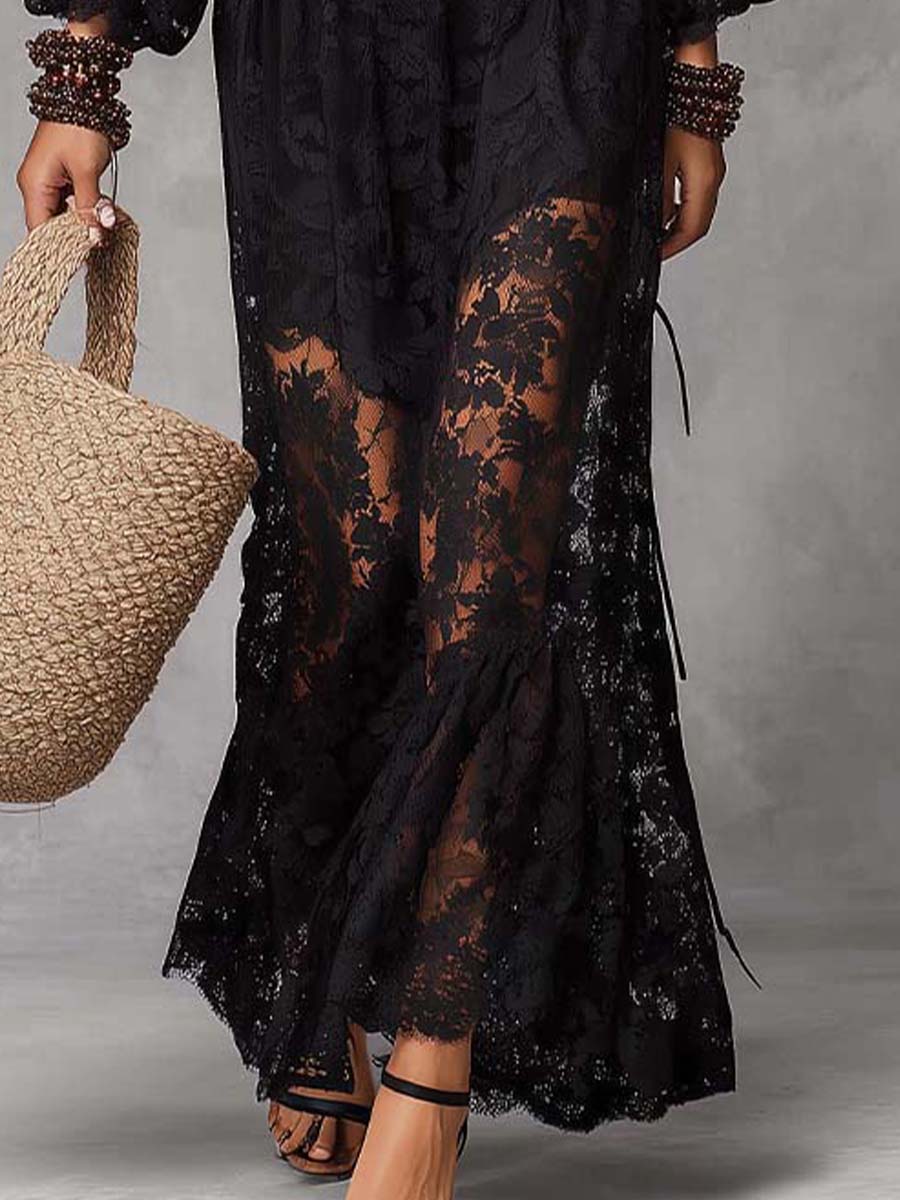 Vestido Maxi Negro Encaje Hombros Descubiertos Fruncido