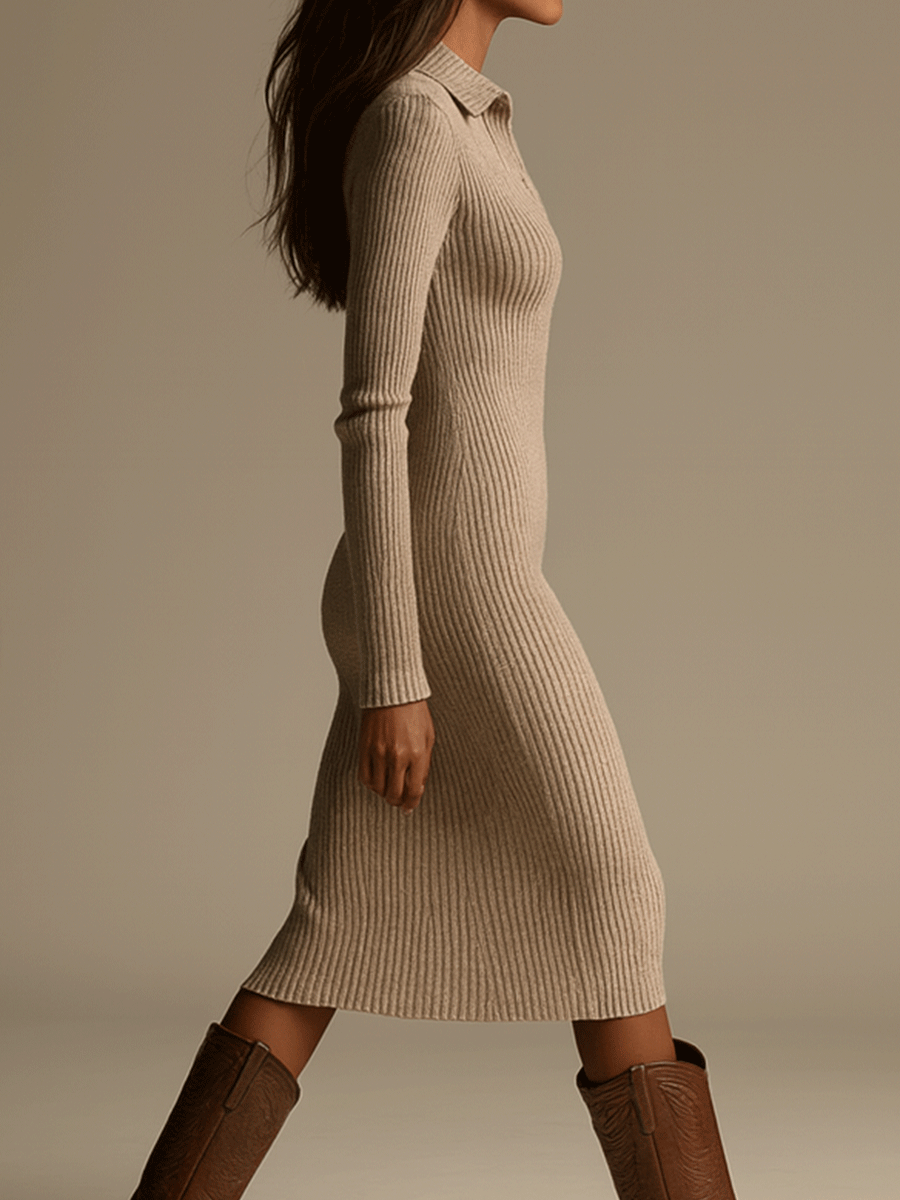 Vestido Midi Beige Punto Minimalista Bodycon
