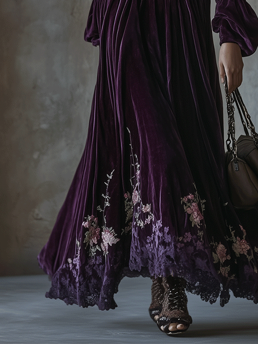 Vestido Maxi Morado Terciopelo Bordado Floral