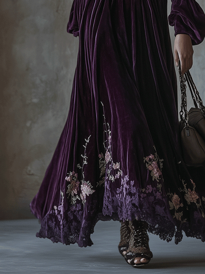 Vestido Maxi Morado Terciopelo Bordado Floral