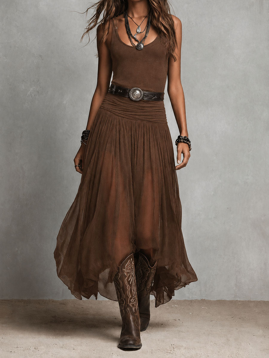 Vestido Maxi Negro Boho Western Falda Semitransparente
