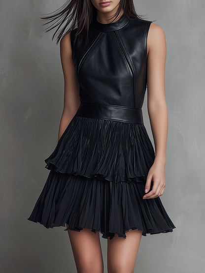 Vestido Mini Piel Ecológica Negro Chiffon Plisado