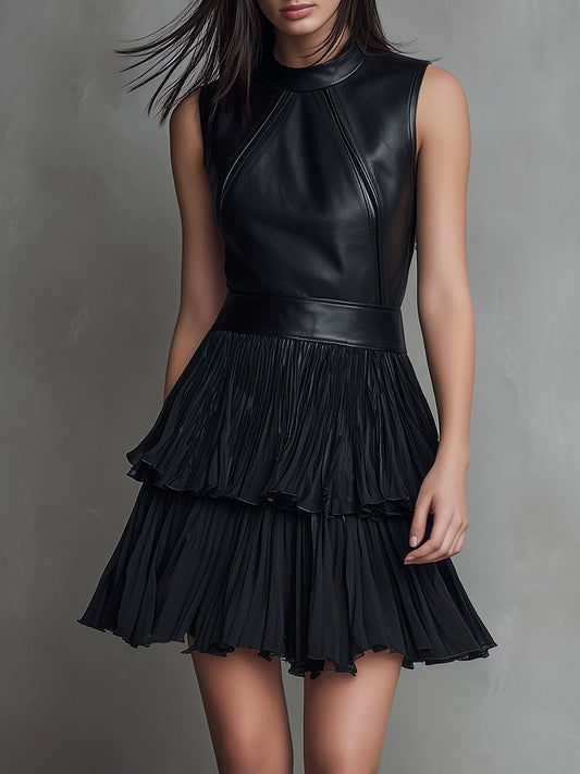 Vestido Mini Piel Ecológica Negro Chiffon Plisado