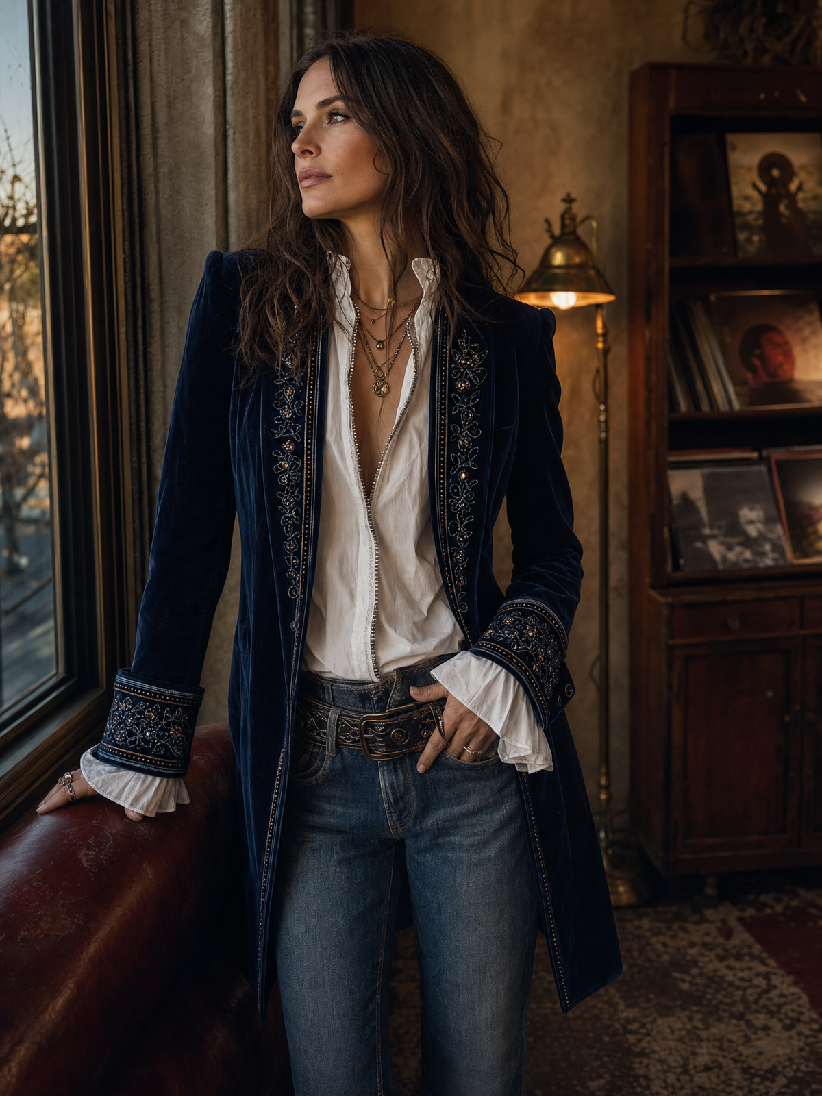 Chaqueta Terciopelo Azul Marino Bordado Floral