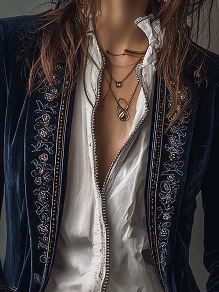 Chaqueta Terciopelo Azul Marino Bordado Floral