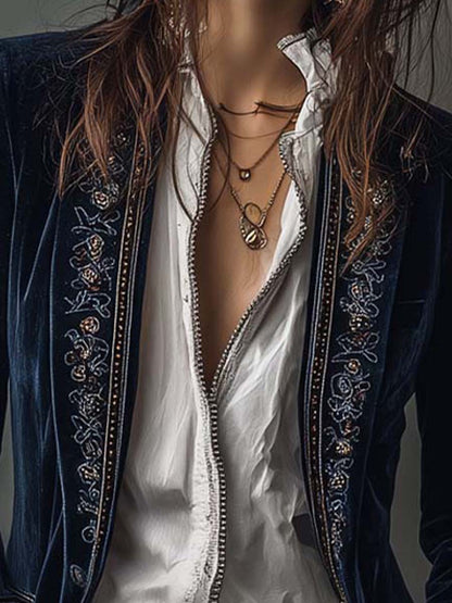 Chaqueta Terciopelo Azul Marino Bordado Floral