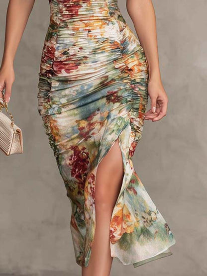Vestido Midi Salvia Floral Cuello Cuadrado Fruncido