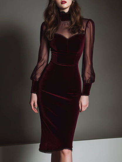 Vestido Midi Granate Malla Terciopelo Escote Corazón