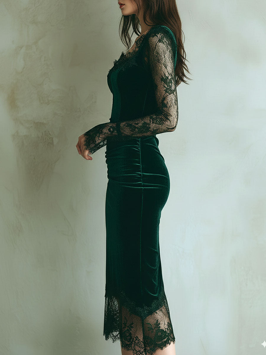 Vestido Midi Verde Terciopelo Mangas Largas Encaje
