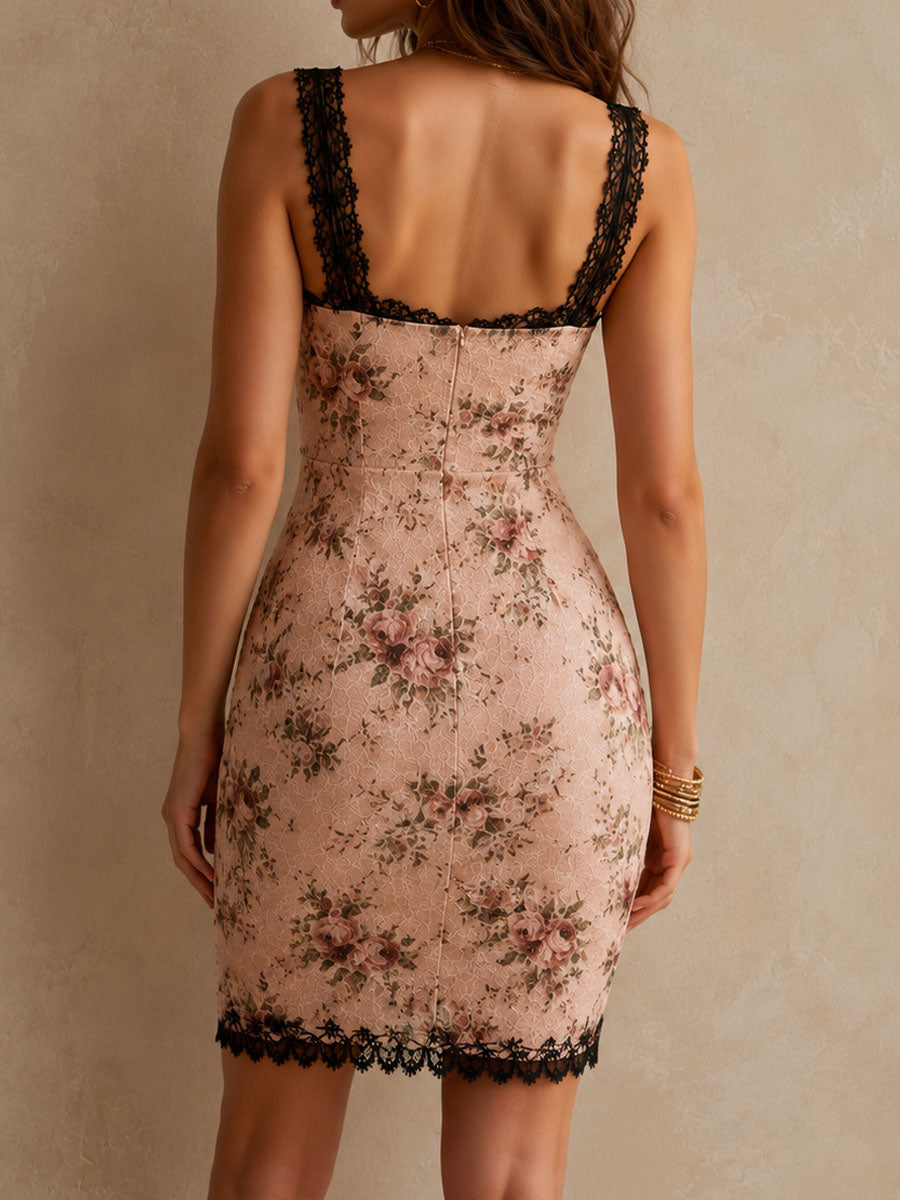 Vestido Mini Rosa Floral Ribete Encaje Negro