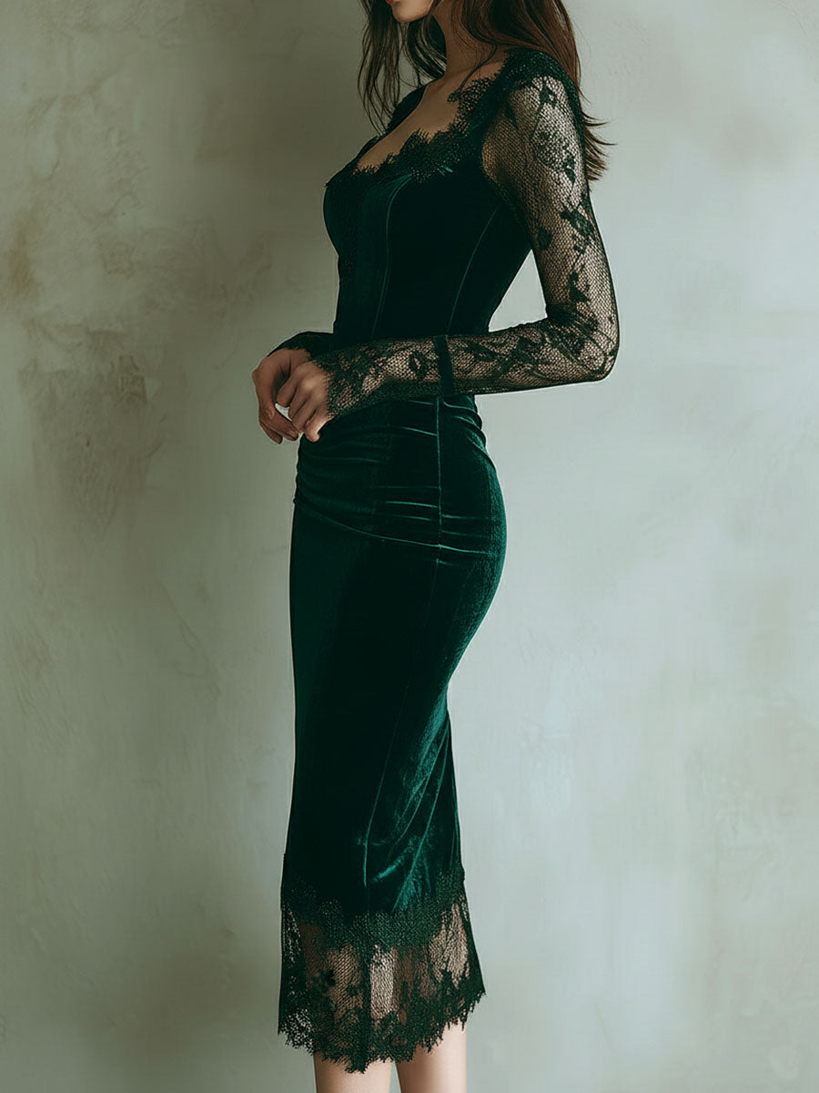 Vestido Midi Verde Terciopelo Mangas Largas Encaje