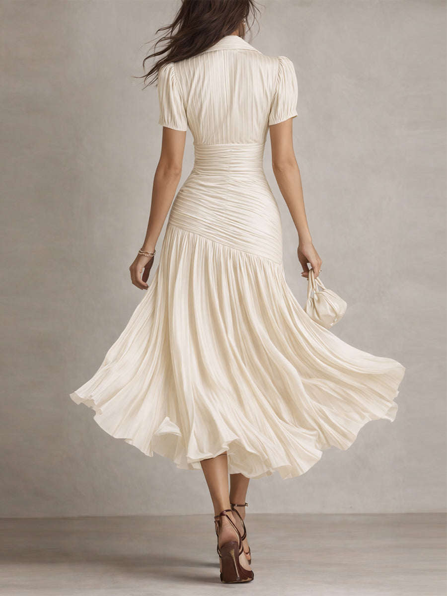 Vestido Midi Raya Retro Satén Plisado