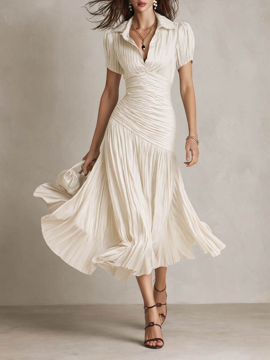 Vestido Midi Raya Retro Satén Plisado