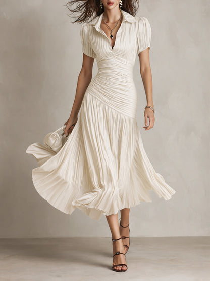 Vestido Midi Raya Retro Satén Plisado