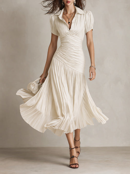 Vestido Midi Raya Retro Satén Plisado