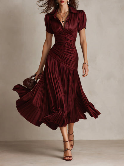 Vestido Midi Raya Retro Satén Plisado