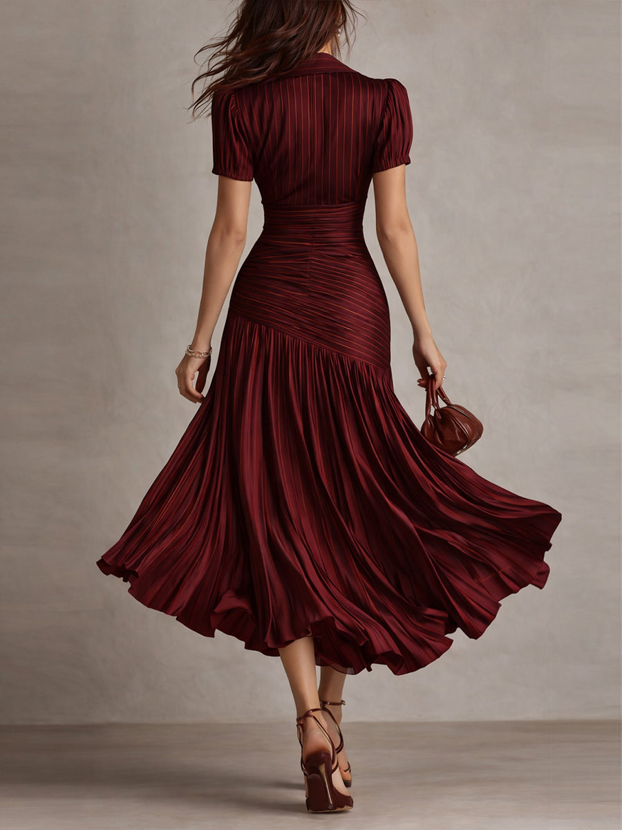 Vestido Midi Raya Retro Satén Plisado