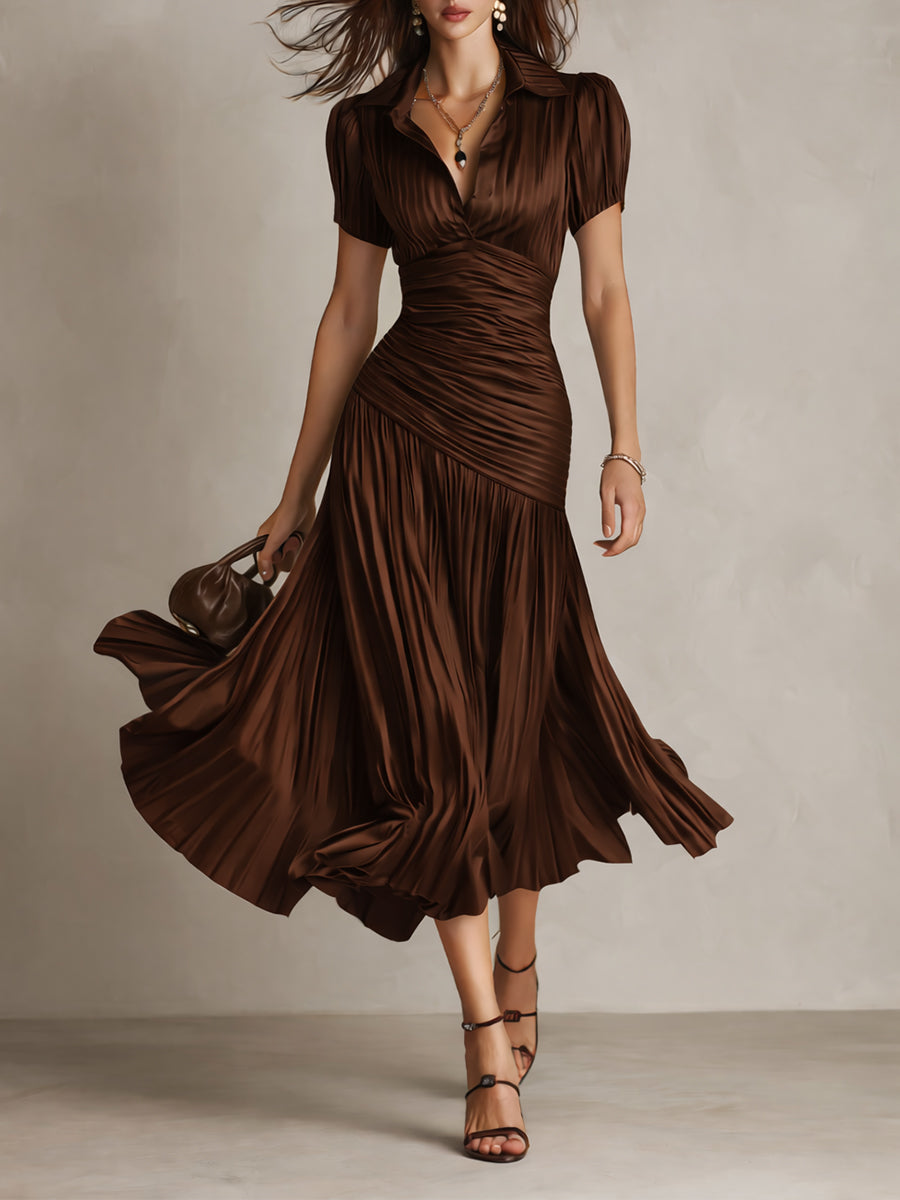 Vestido Midi Raya Retro Satén Plisado