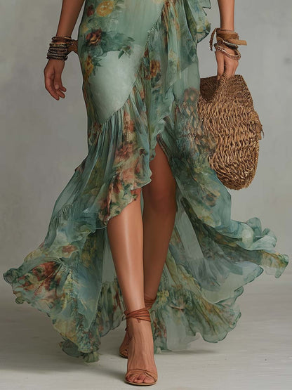 Vestido Maxi Verde Salvia Floral Cruzado
