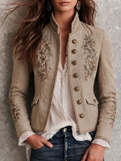 Chaqueta Beige Cuello Mao Bordado Floral