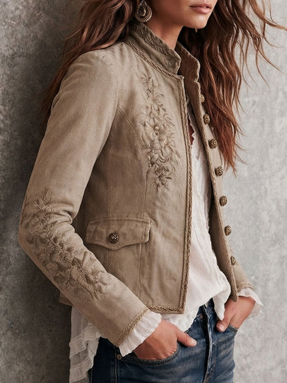 Chaqueta Beige Cuello Mao Bordado Floral