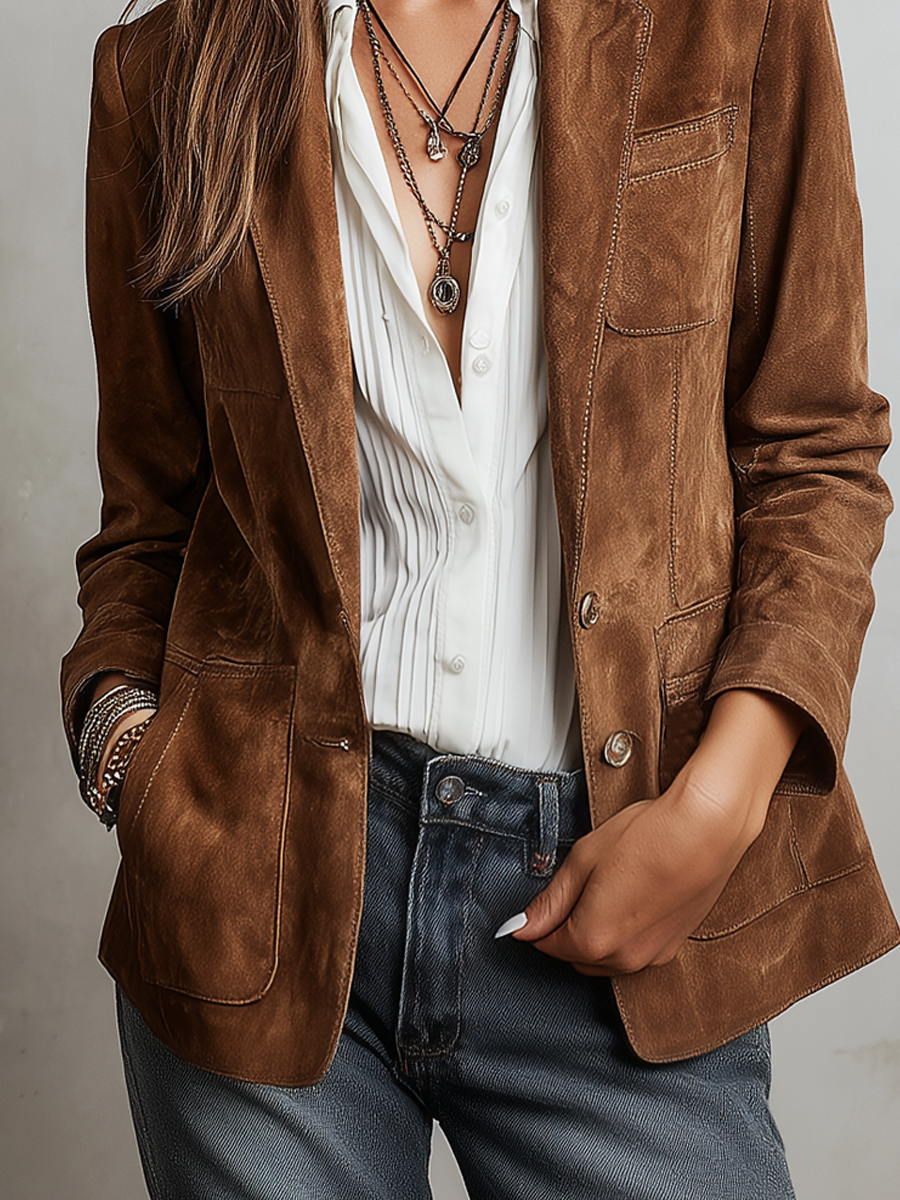 Chaqueta Ante Marrón Costuras Contraste