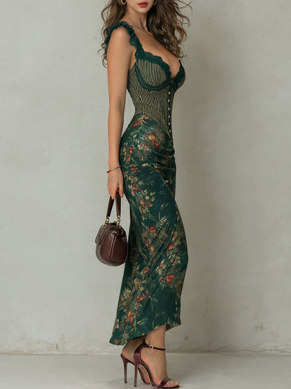 Vestido Maxi Verde Musgo Rayas Florales Encaje
