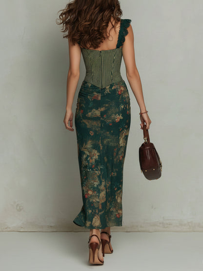 Vestido Maxi Verde Musgo Rayas Florales Encaje