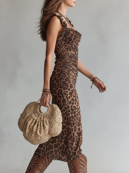 Vestido Midi Marrón Leopardo Ribete Flecos Abertura