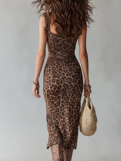 Vestido Midi Marrón Leopardo Ribete Flecos Abertura