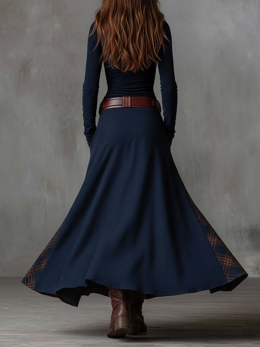 Vestido Maxi Azul Marino Ante Patchwork Cuadros