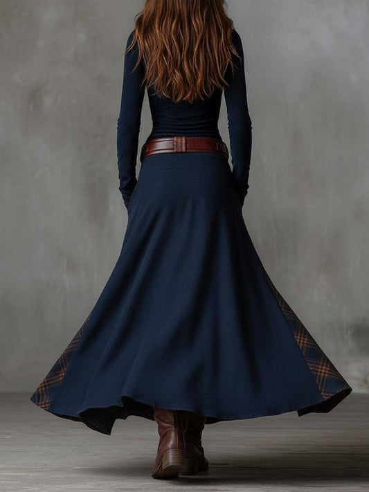 Vestido Maxi Azul Marino Ante Patchwork Cuadros
