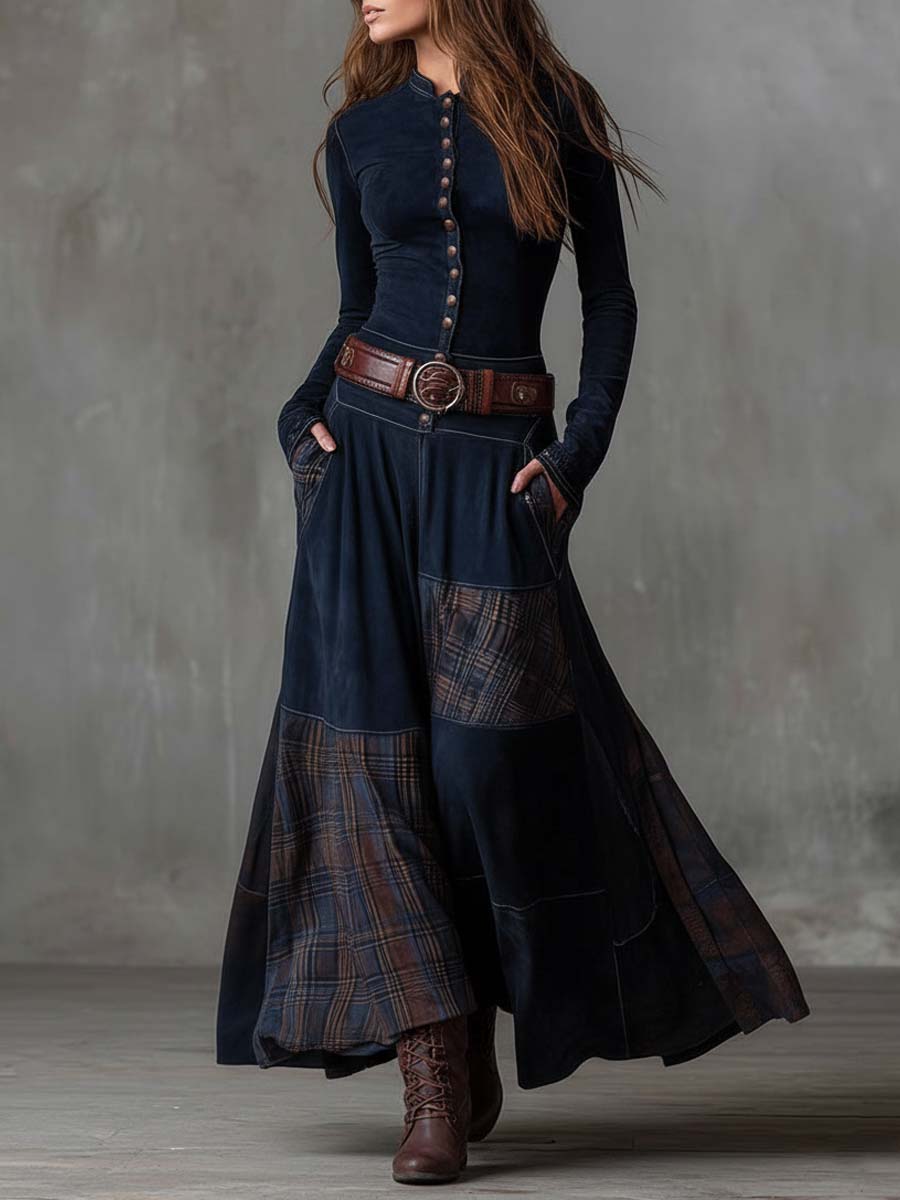 Vestido Maxi Azul Marino Ante Patchwork Cuadros