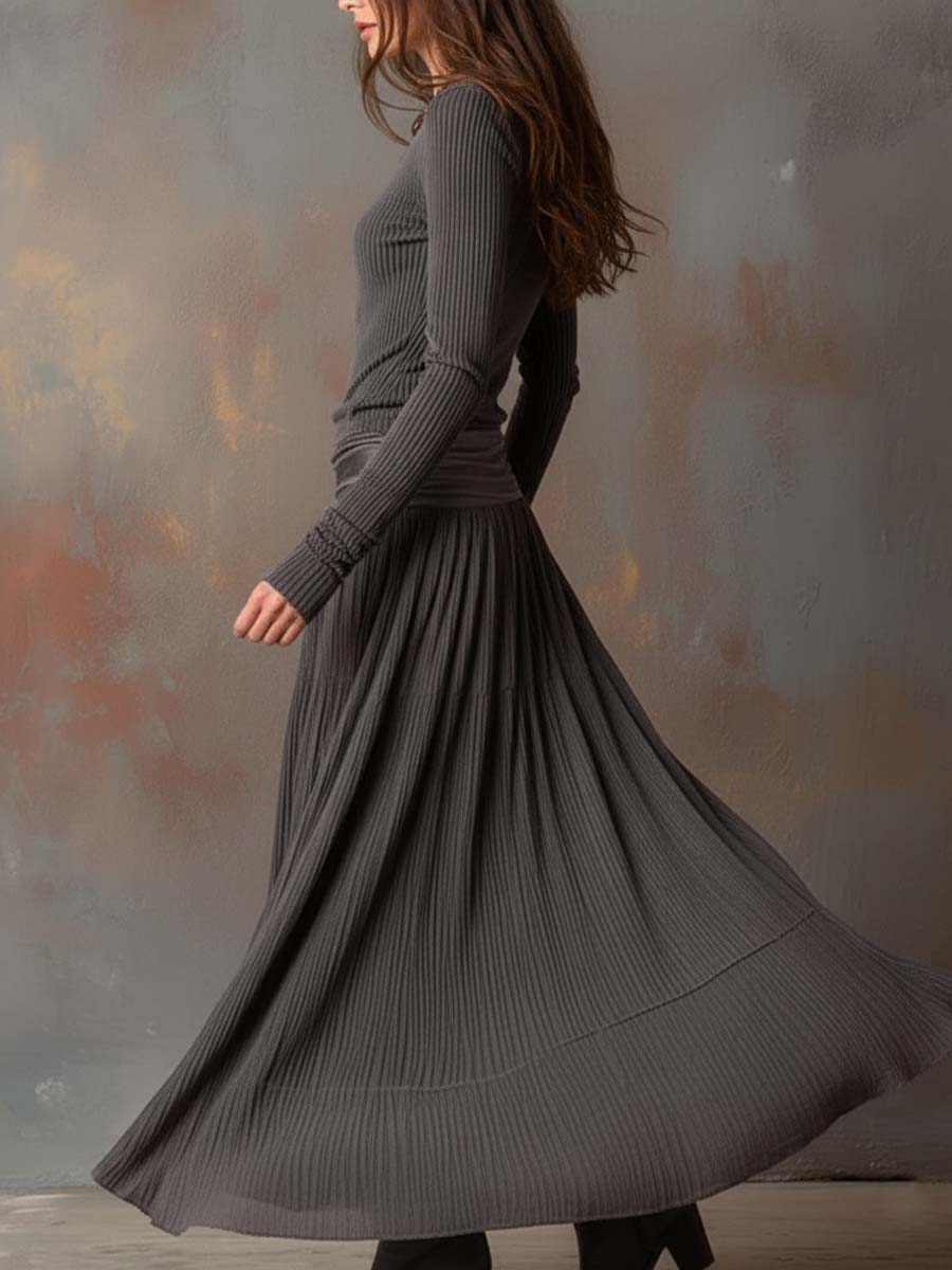 Vestido Maxi Gris Carbón Punto Canalé Plisado