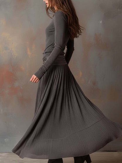 Vestido Maxi Gris Carbón Punto Canalé Plisado