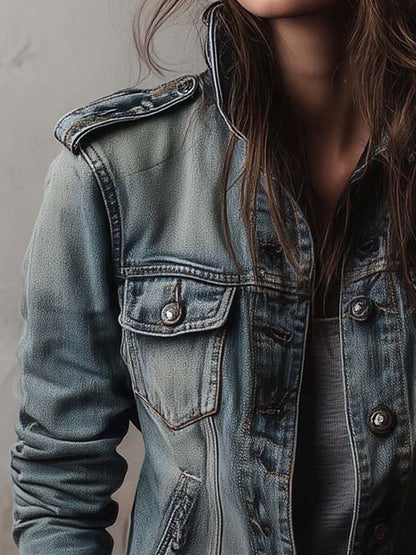 Chaqueta Denim Desgastada Hombreras Militares