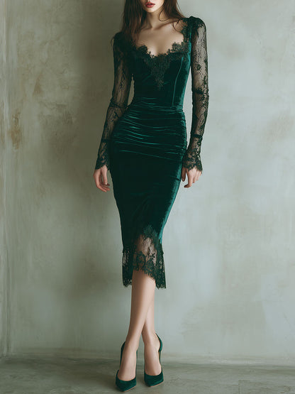Vestido Midi Verde Terciopelo Mangas Largas Encaje