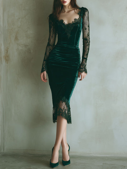 Vestido Midi Verde Terciopelo Mangas Largas Encaje
