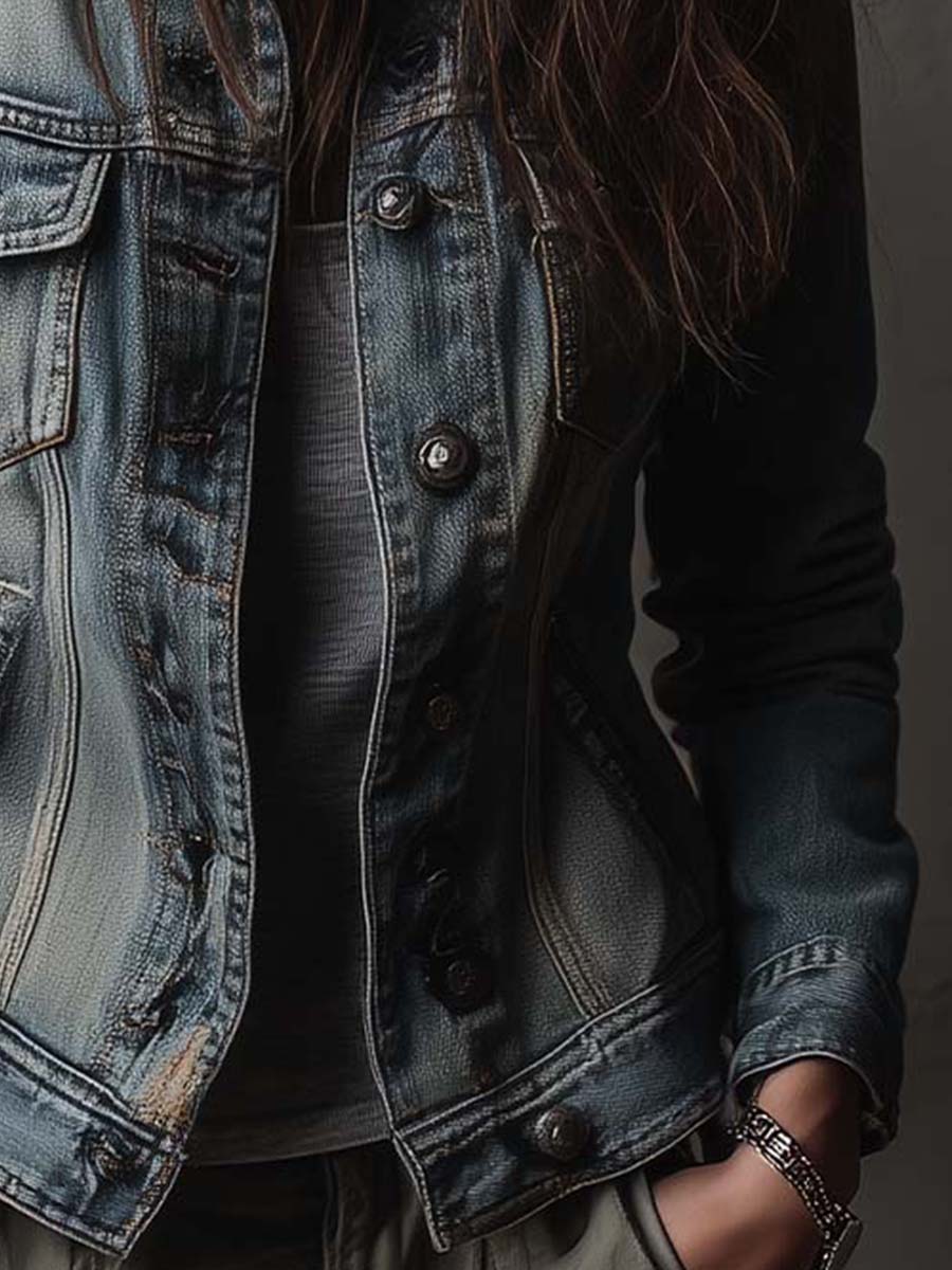 Chaqueta Denim Desgastada Hombreras Militares