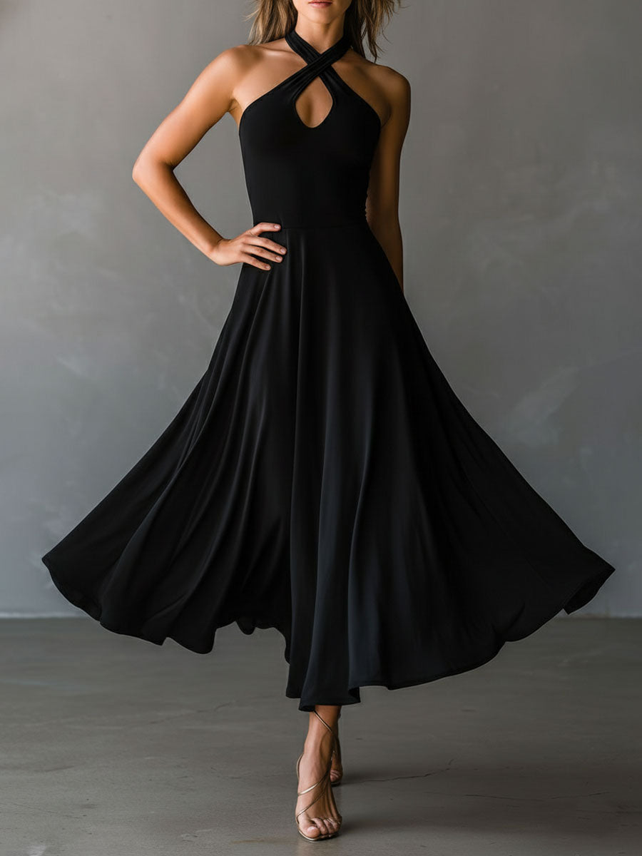 Vestido Midi Negro Halter Ojo de Cerradura Línea A