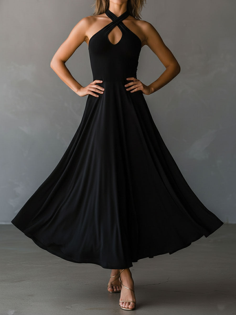 Vestido Midi Negro Halter Ojo de Cerradura Línea A