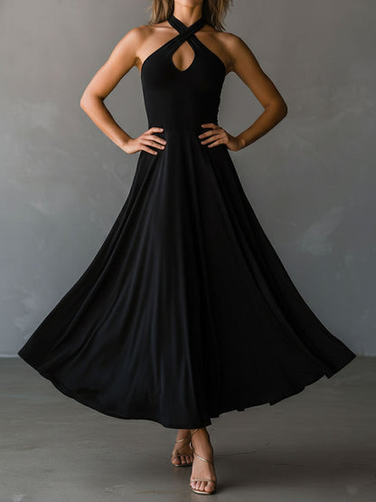 Vestido Midi Negro Halter Ojo de Cerradura Línea A